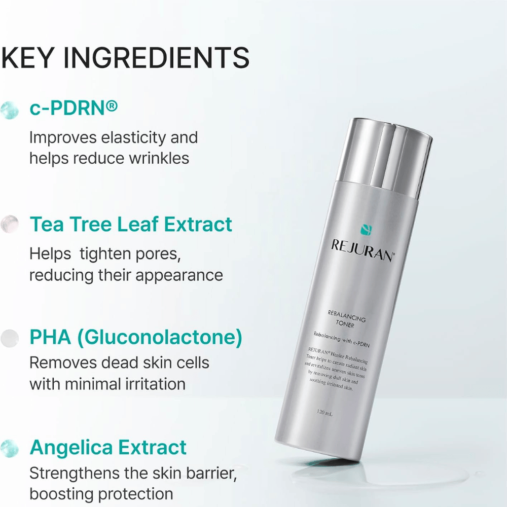 Rejuran Rebalancing Toner 120 ml com C-PDRN, extrato de tea tree, PHA e extrato de angélica. Garrafa prateada com visão geral dos ingredientes.