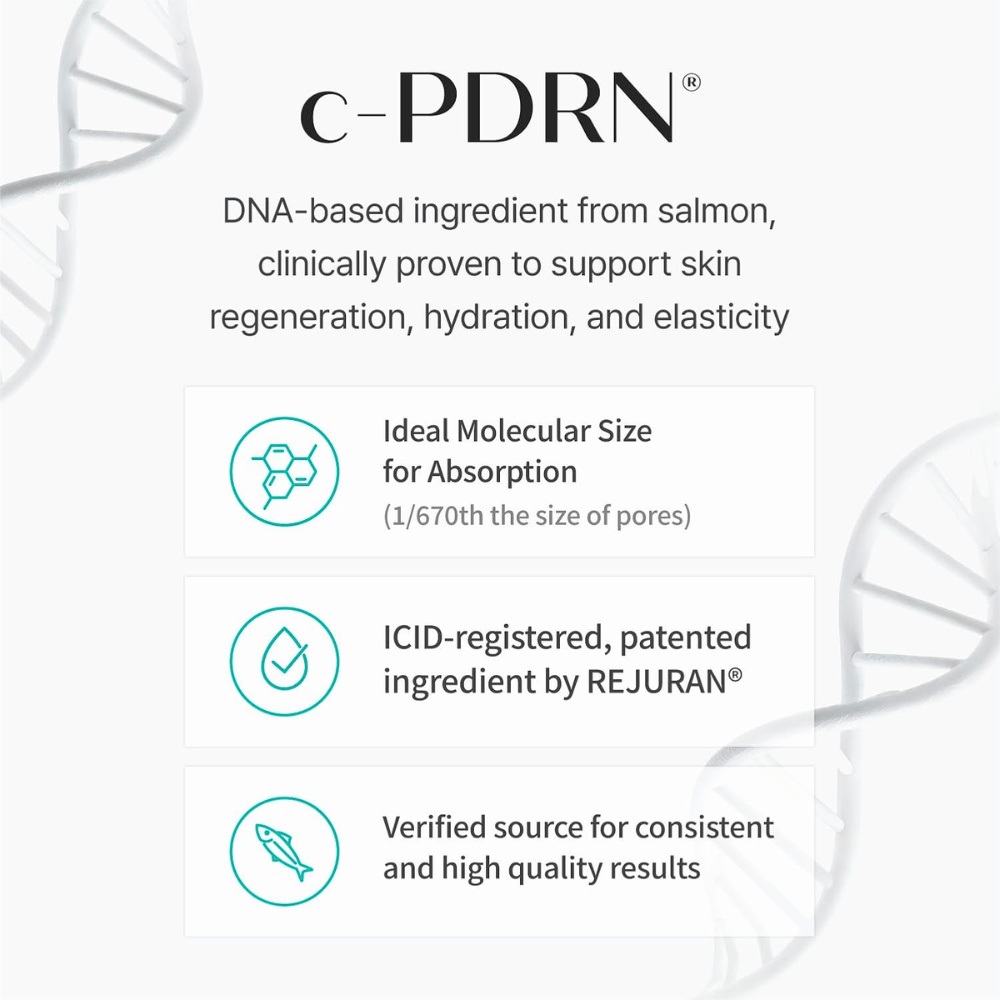 Ilustração de C-PDRN de ADN de salmão com informação sobre as propriedades hidratantes do ingrediente e o apoio à elasticidade da pele.