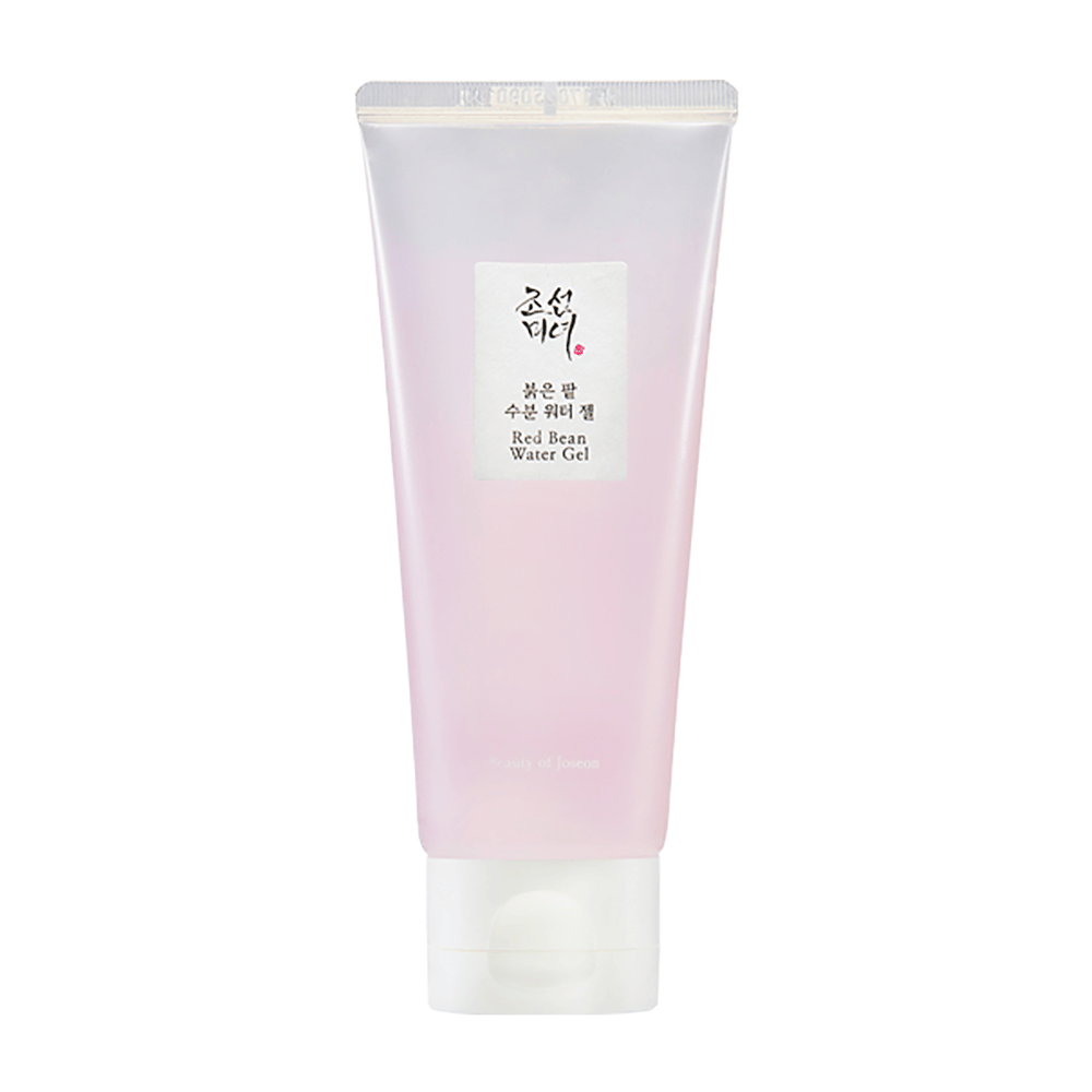 A imagem mostra um tubo de "Red Bean Water Gel" da Beauty of Joseon. O produto tem uma coloração rosa claro na embalagem e parece ser um produto de cuidados com a pele com feijões vermelhos, o que pode sugerir que tem propriedades para melhorar a textura e o brilho da pele.
