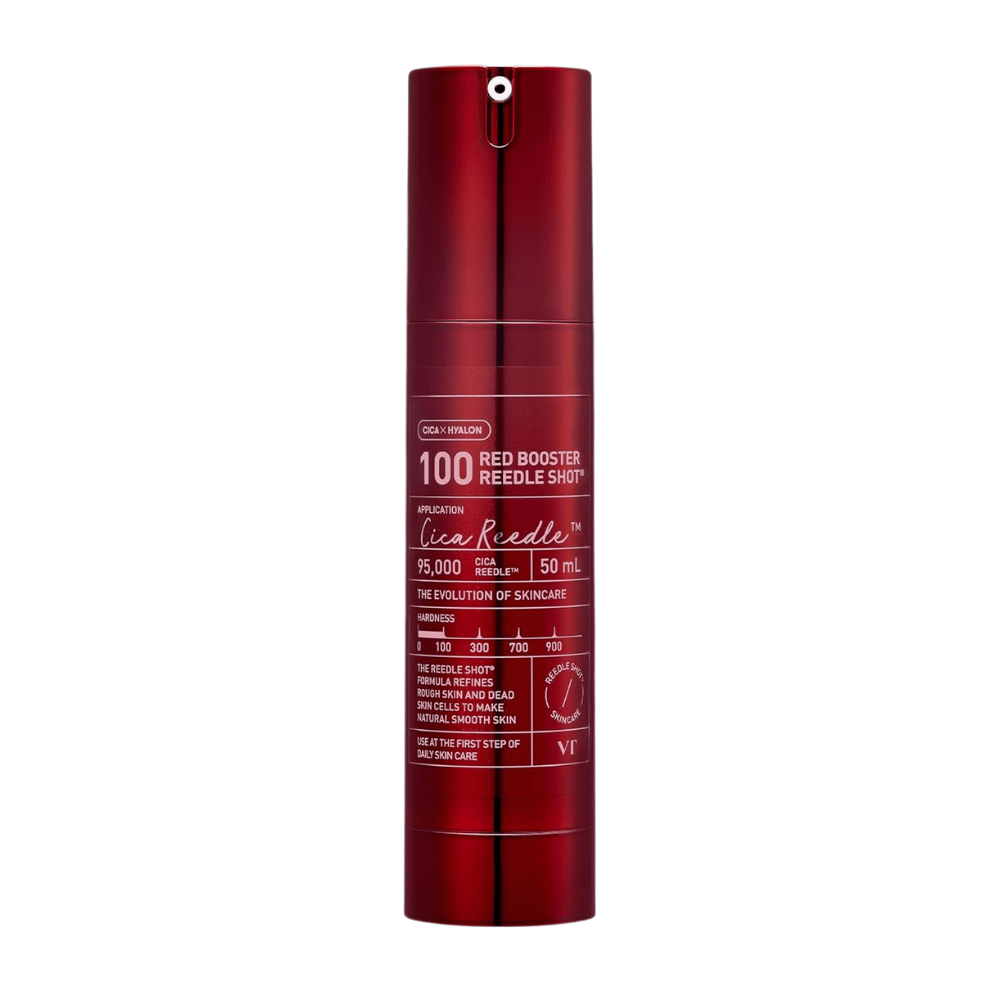 VT Cosmetics Red Booster Reedle Shot 100 sérum de microneedling em frasco vermelho sobre fundo branco, 50 ml, desenvolvido para esfoliação, renovação da pele e melhor absorção na rotina de cuidados com a pele.