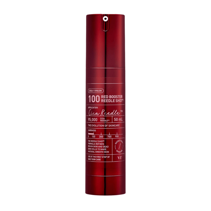 VT Cosmetics Red Booster Reedle Shot 100 sérum de microneedling em frasco vermelho sobre fundo branco, 50 ml, desenvolvido para esfoliação, renovação da pele e melhor absorção na rotina de cuidados com a pele.