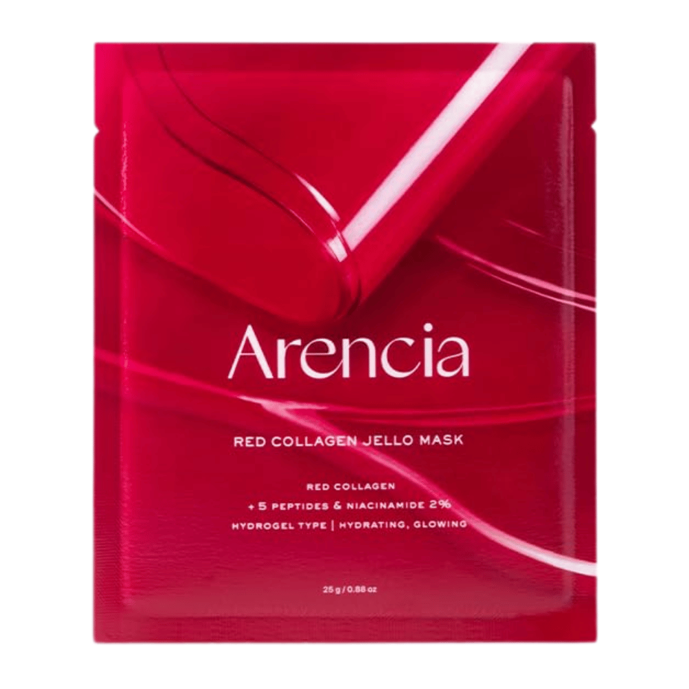 Close-up de Arencia Red Collagen Jello Mask mostrando a consistência semelhante a gel e a máscara rica em sérum para cuidados intensivos com colágeno.