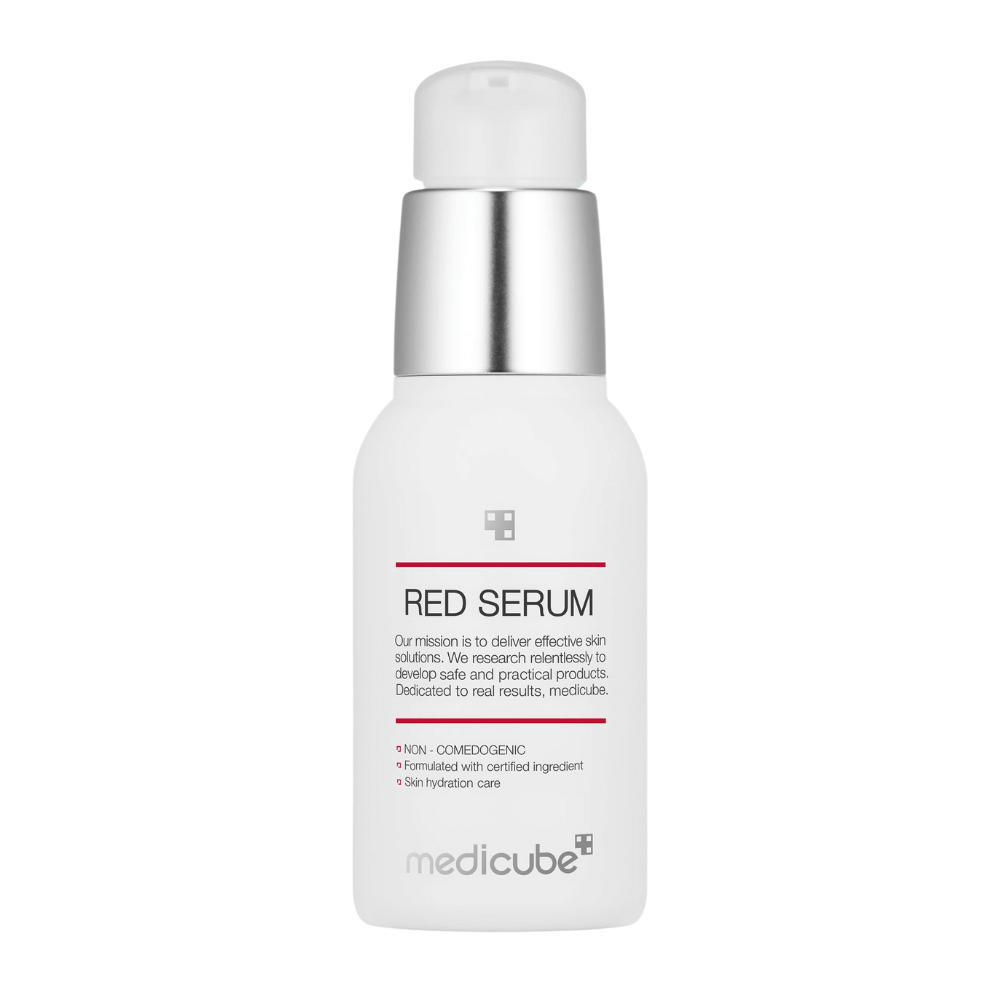 medicube Red Serum 2.0 – frasco de bomba branco com detalhes prateados, desenvolvido para hidratar a pele e combater espinhas sem obstruir os poros.