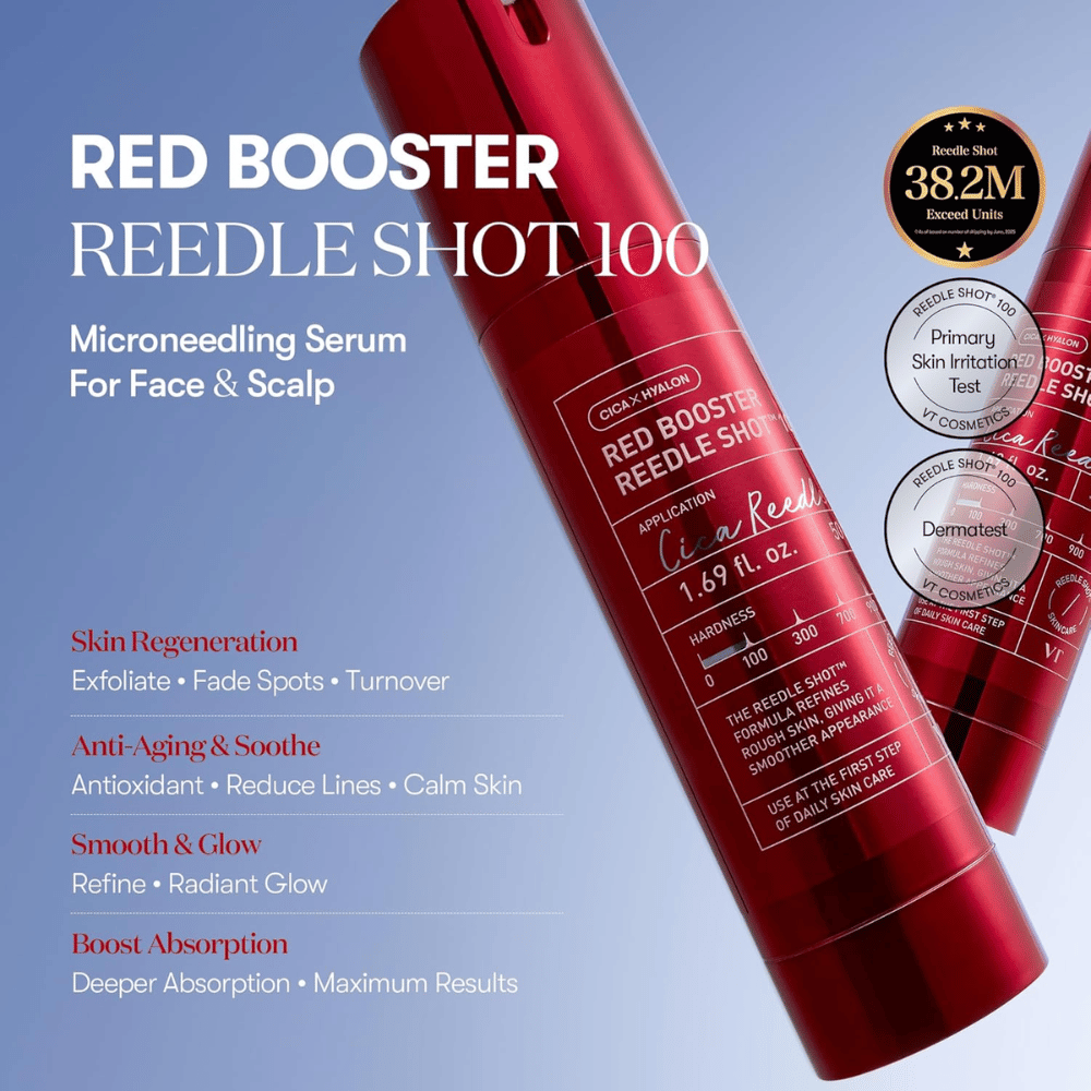 VT Cosmetics Red Booster Reedle Shot 100 sérum de microneedling para rosto e couro cabeludo, projetado para renovação da pele, maior absorção, efeito anti-idade, tom de pele mais uniforme e brilho natural.