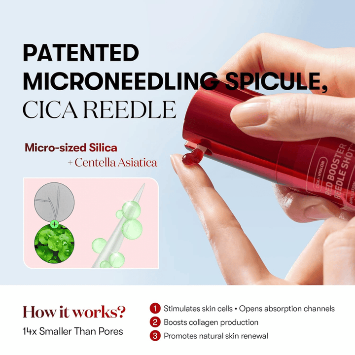 Close de VT Cosmetics Red Booster Reedle Shot 100 mostrando microneedling-spicule patenteado com CICA Reedle, sílica microscópica e Centella Asiatica que estimula a renovação da pele e colágeno.