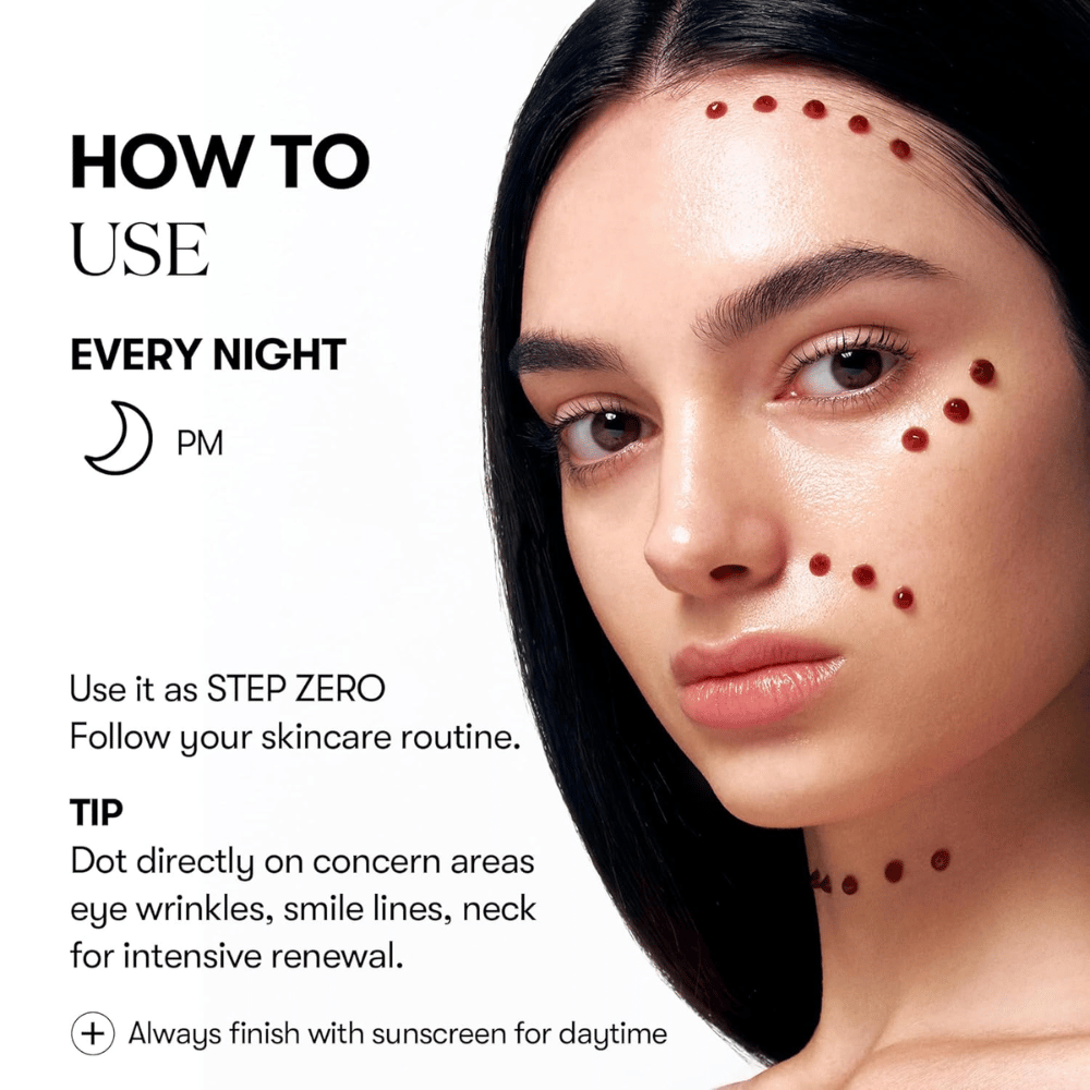 Modelo mostra como VT Cosmetics Red Booster Reedle Shot 100 é aplicado pontualmente no rosto à noite, como primeiro passo na rotina de cuidados com a pele, para renovação intensiva de rugas, linhas e estrutura da pele.