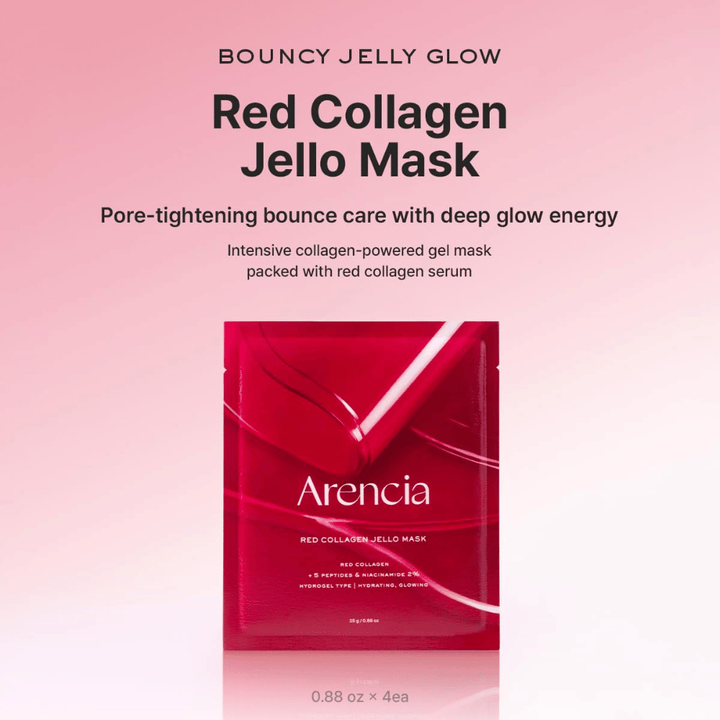 Arencia Red Collagen Jello Mask em embalagem original – máscara de hidrogel coreana com colágeno vermelho e peptídeos para pele volumosa, hidratada e radiante.