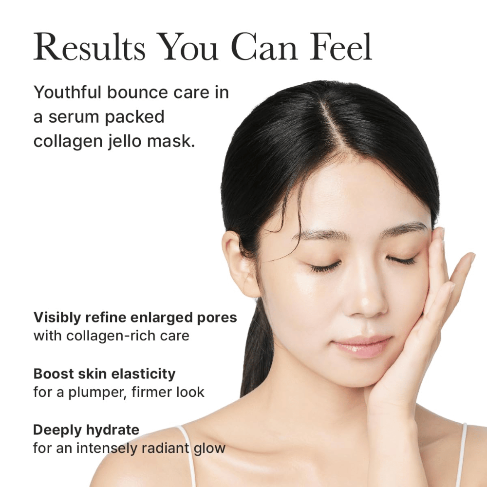Resultados de Arencia Red Collagen Jello Mask – pele visivelmente mais firme, elasticidade melhorada, poros minimizados e hidratação intensa com brilho.