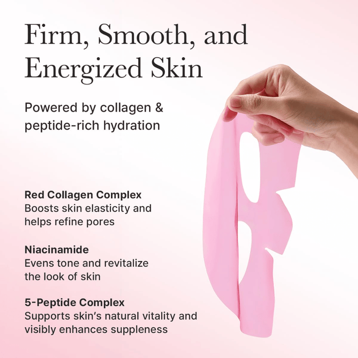 Benefícios de Arencia Red Collagen Jello Mask – enriquecido com colágeno vermelho, niacinamida e peptídeos que fortalecem a elasticidade, uniformizam o tom da pele e dão energia à pele.