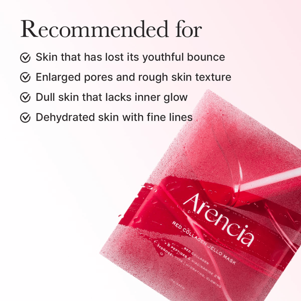 Arencia Red Collagen Jello Mask é recomendado para pele cansada, poros dilatados, textura de pele irregular e pele desidratada com linhas finas.
