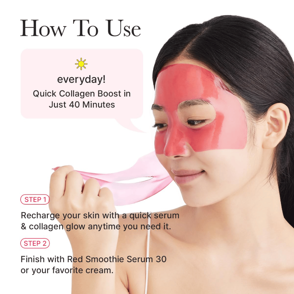 Como usar Arencia Red Collagen Jello Mask durante o dia – impulso rápido de colágeno em 40 minutos para pele mais firme, brilho melhorado e estrutura da pele mais suave.