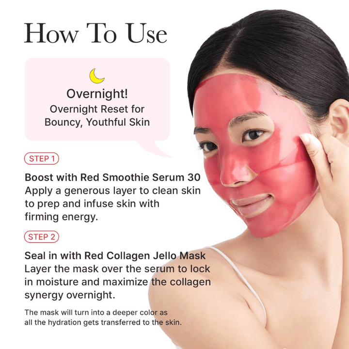 Guia de uso para Arencia Red Collagen Jello Mask como máscara noturna – aplique após o sérum para proporcionar firmeza, hidratação profunda e pele jovem durante a noite.