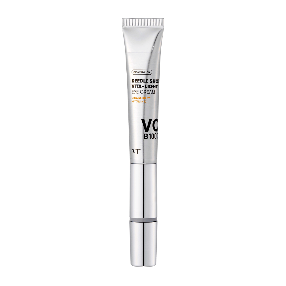 VT Reedle Shot Vita-Light Eye Cream em embalagem prateada com CICA, vitamina C e ingredientes hidratantes para iluminar e acalmar a área sob os olhos.