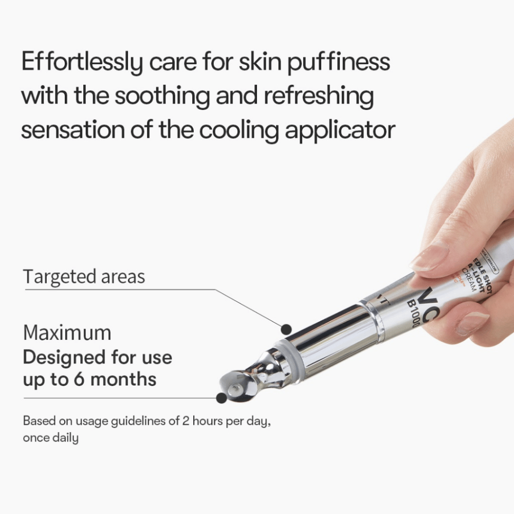 VT Reedle Shot Vita-Light Eye Cream com aplicador refrescante que reduz o inchaço e proporciona uma sensação revigorante ao ser usado ao redor dos olhos.