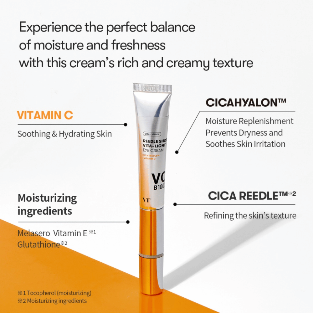 VT Reedle Shot Vita-Light Eye Cream com vitamina C, E e complexo CICA – creme para os olhos em tubo metálico que hidrata, acalma e melhora a textura da pele.