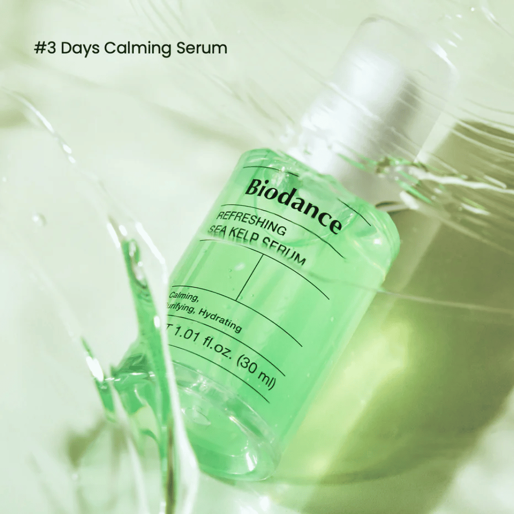 Biodance Refreshing Sea Kelp Serum em textura líquida – fórmula de rápida absorção para pele sensível e oleosa.