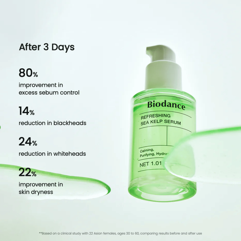 Resultados após 3 dias com Biodance Sea Kelp Serum – produção de sebo reduzida e poros diminuídos.