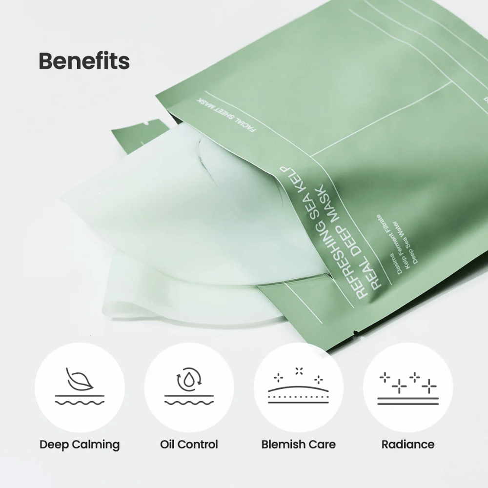 Benefícios de Refreshing Sea Kelp Real Deep Mask:
🌿 Efeito calmante profundo
💧 Controle de oleosidade
✨ Cuidado de manchas
🌟 Brilho e pele radiante