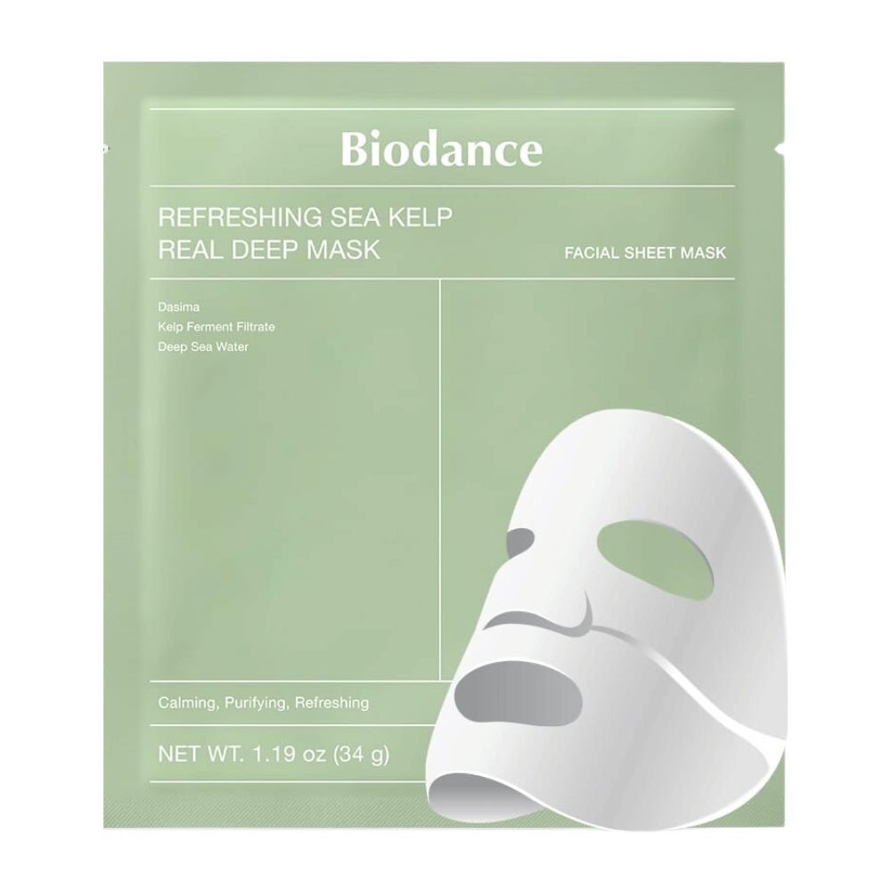 Biodance Refreshing Sea Kelp Real Deep Mask – uma máscara facial calmante e hidratante com alga fermentada e água do mar profundo. Limpa, equilibra e dá à pele um brilho fresco.