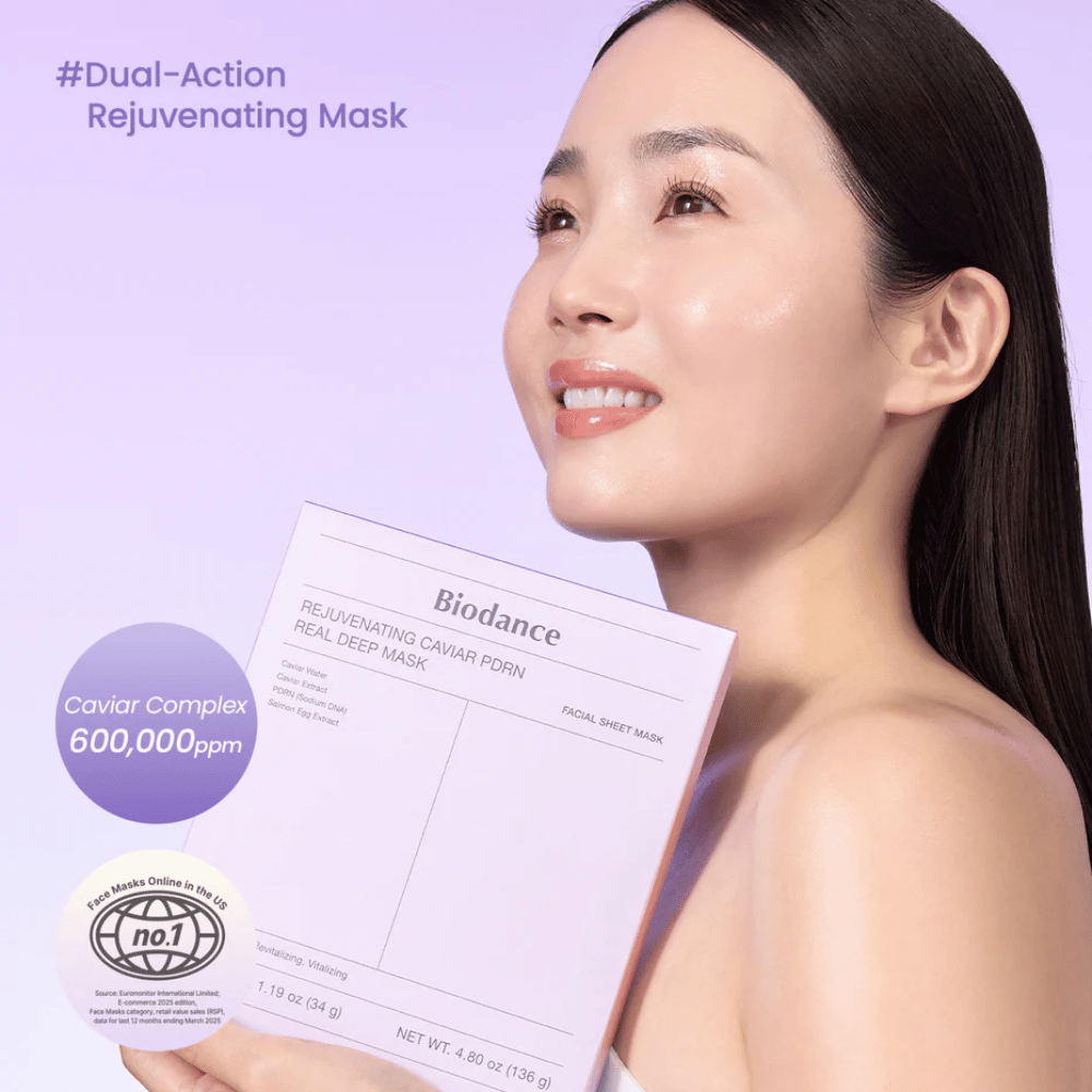 Imagem do produto de Biodance Rejuvenating Caviar PDRN Real Deep Mask – embalagem roxa de Sheet mask com caviar, PDRN e fórmula hidratante