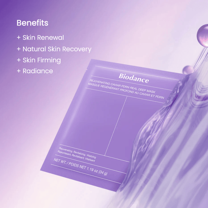 Biodance Rejuvenating Caviar PDRN Real Deep Mask no modelo com brilho natural e glow visível após o uso