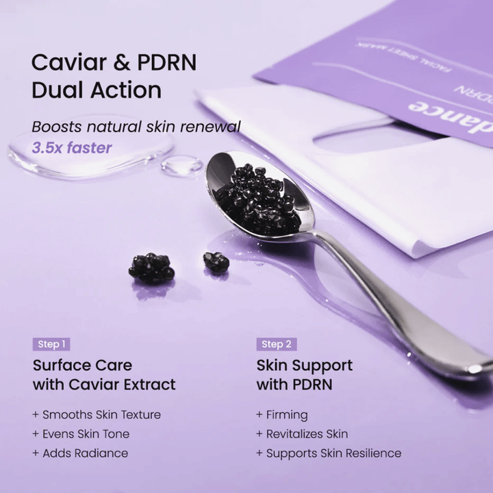 Caviar e ingredientes de PDRN em Biodance Rejuvenating Caviar PDRN Real Deep Mask que fortalecem a renovação da pele e proporcionam uma pele mais firme
