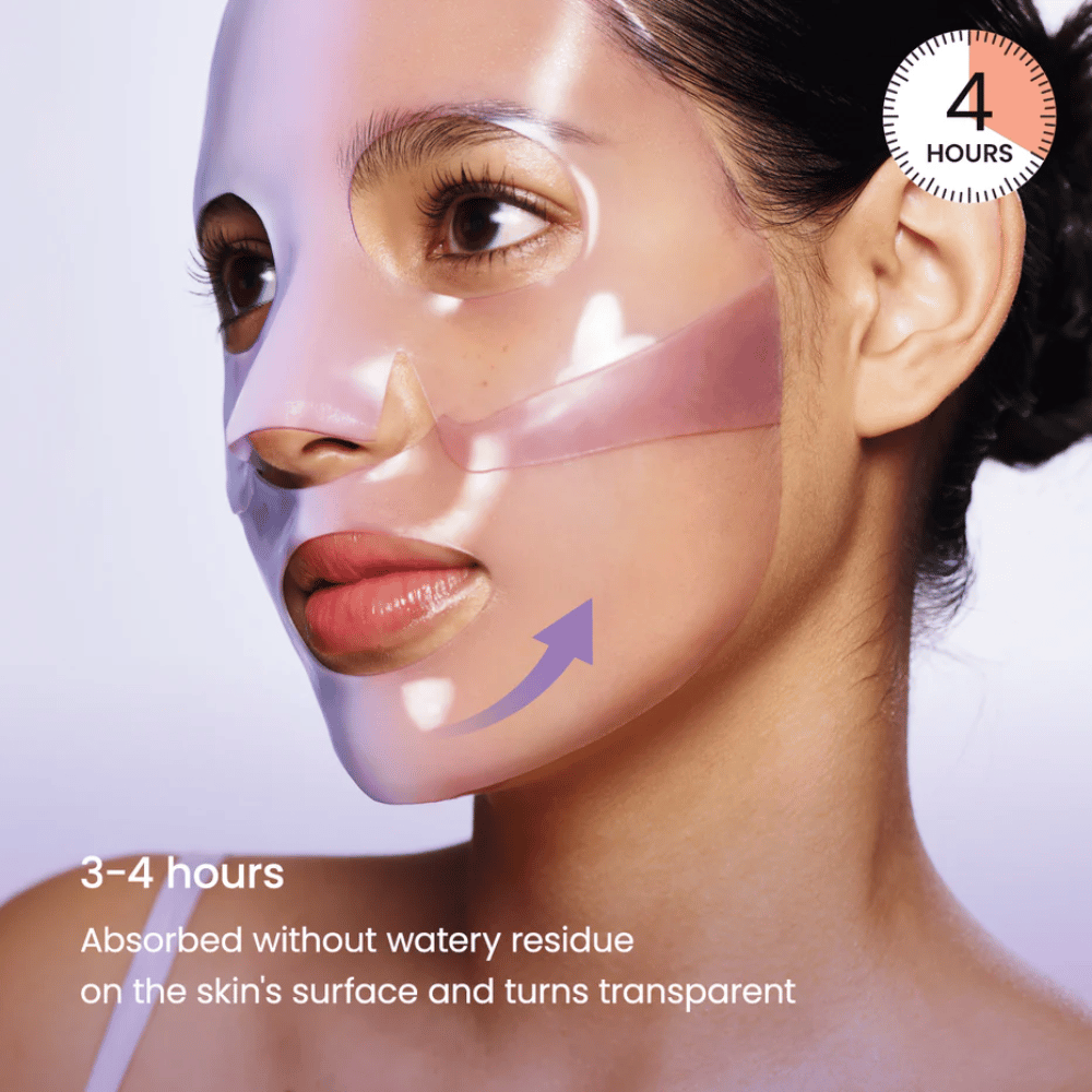 Biodance Rejuvenating Caviar PDRN Real Deep Mask aplicado no rosto – máscara de gel que é absorvida e se torna transparente após 3–4 horas
