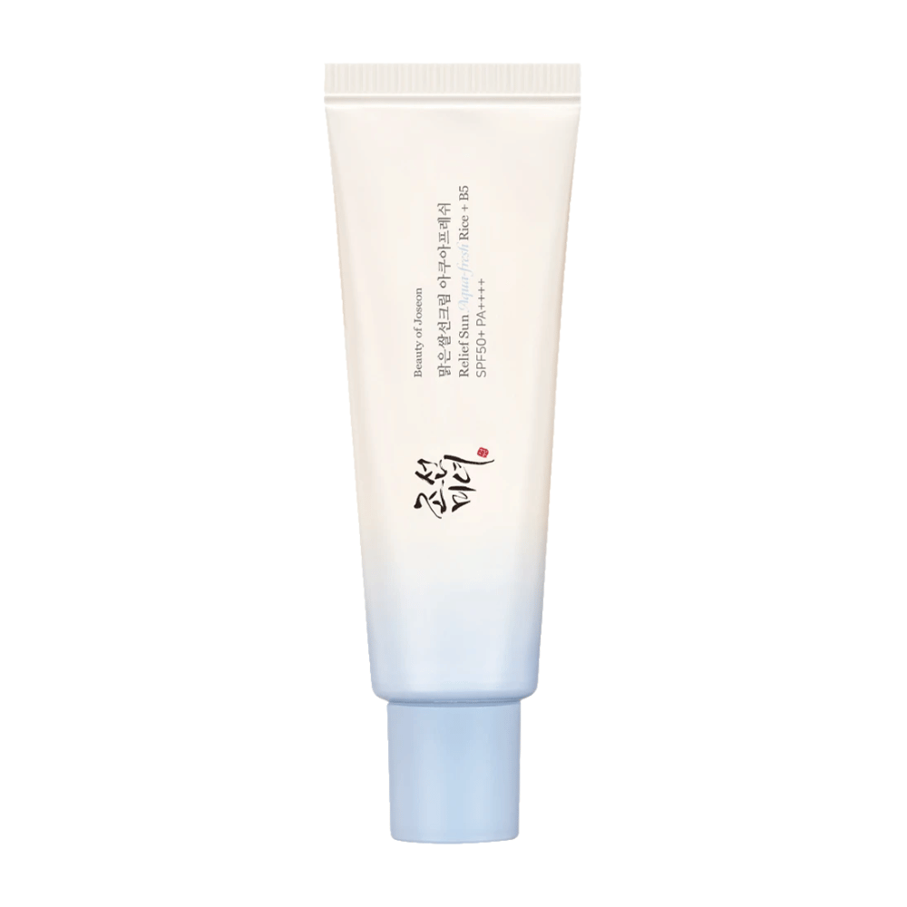 Beauty of Joseon Relief Sun: Aqua-Fresh Rice + B5, protetor solar com SPF 50+ PA++++. Uma fórmula leve e hidratante que protege a pele contra os raios UV enquanto cuida com extrato de arroz e vitamina B5.