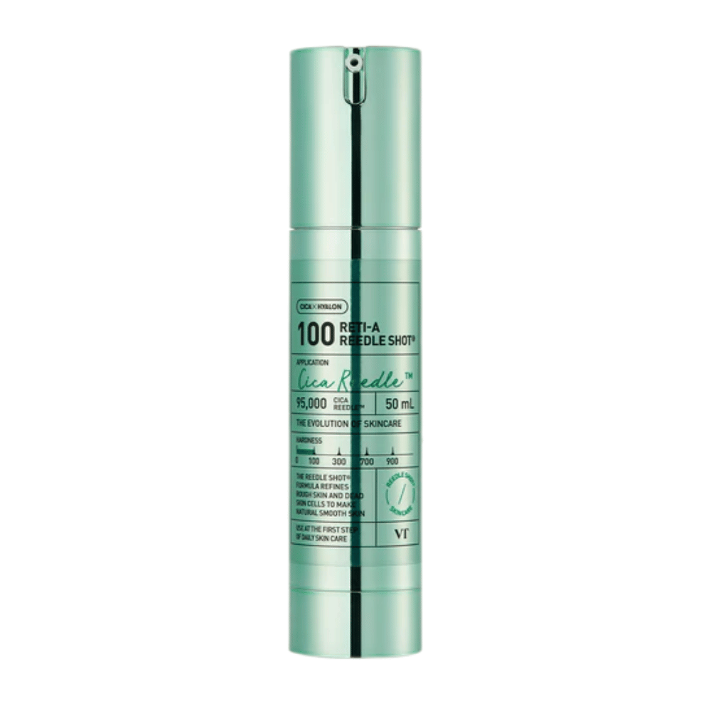 VT Reti-A Reedle Shot 100 contra fundo branco, sérum de cuidados com a pele coreano com tecnologia Cica Reedle para refinamento de poros e pele mais suave.