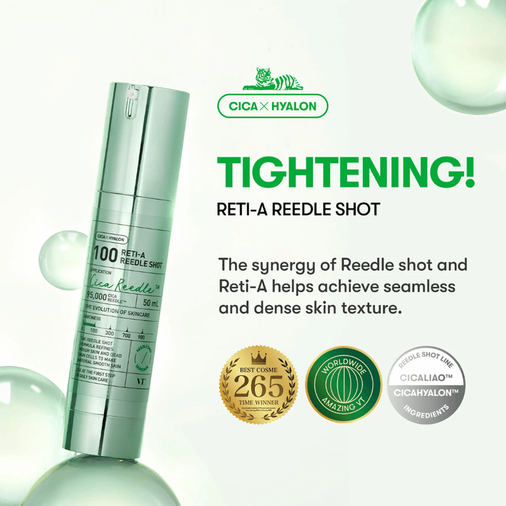 Imagem do produto VT Reti-A Reedle Shot 100 com foco no efeito reafirmante, Cica e Hyalon que proporcionam uma pele mais uniforme, densa e elástica.