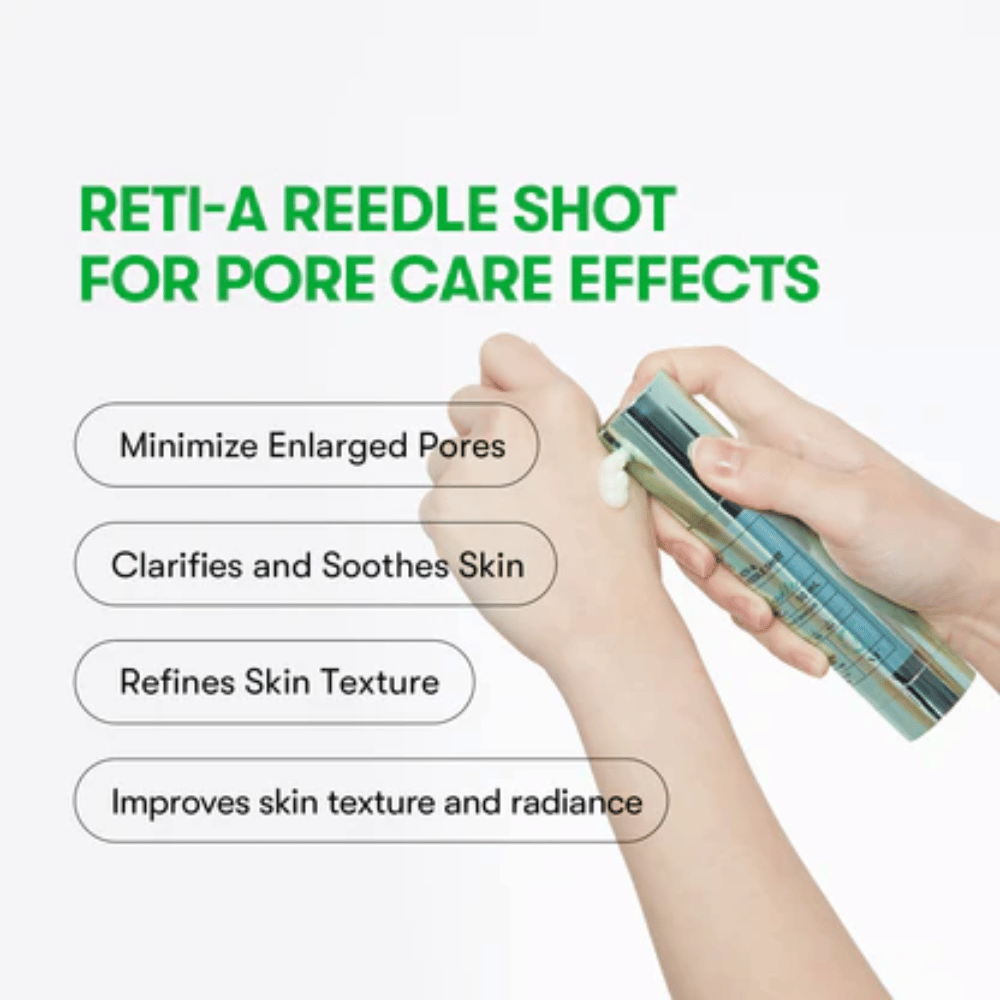 VT Reti-A Reedle Shot aplicado na mão, mostrando a textura do sérum e seu efeito para minimizar poros, acalmar a pele e melhorar o brilho da pele.