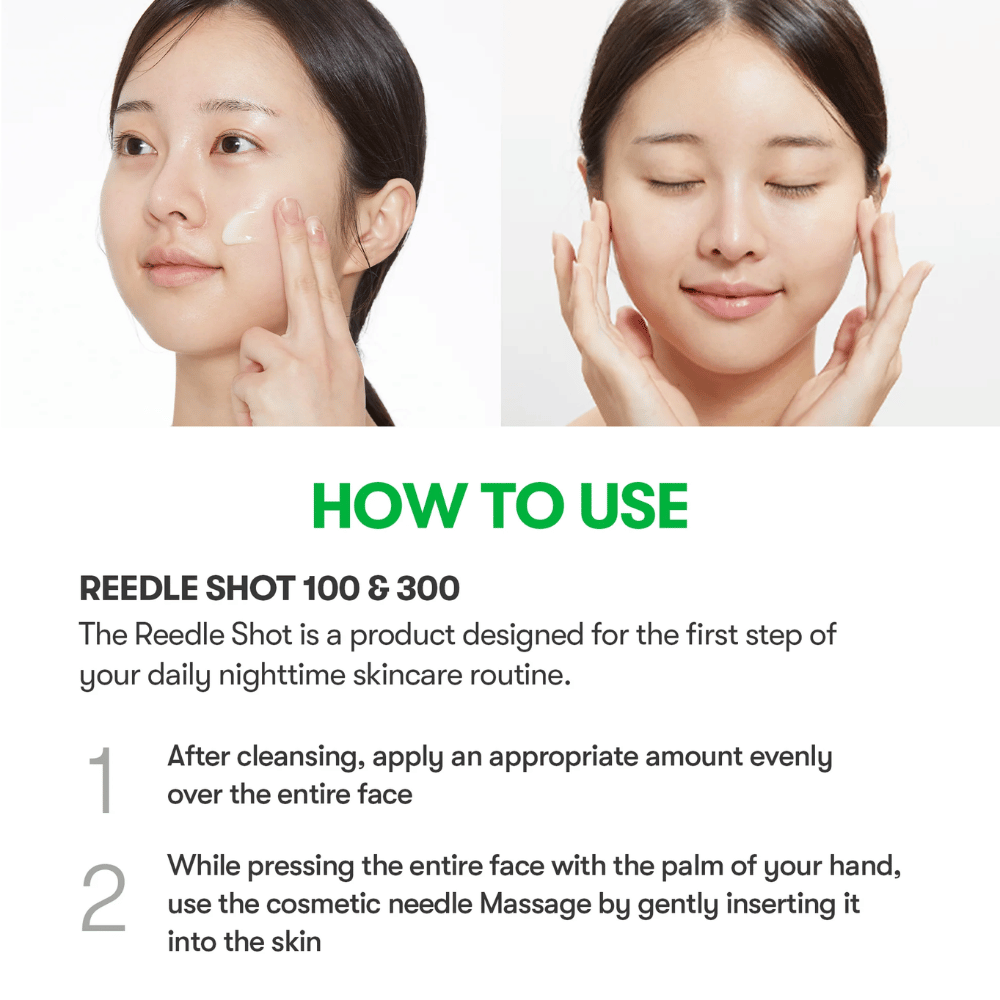 Imagem de instrução mostrando como aplicar VT Reti-A Reedle Shot no rosto, o primeiro passo na rotina noturna para melhorar a estrutura da pele e absorção eficaz.