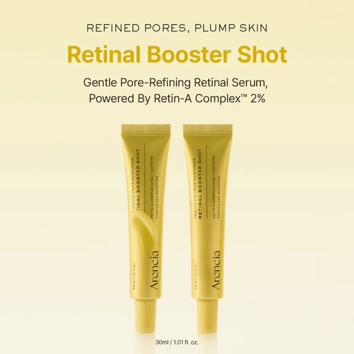 Apresentação do produto de Arencia Retinal Booster Shot 2%, sérum retinal suave para poros refinados, pele volumosa e textura de pele mais uniforme.