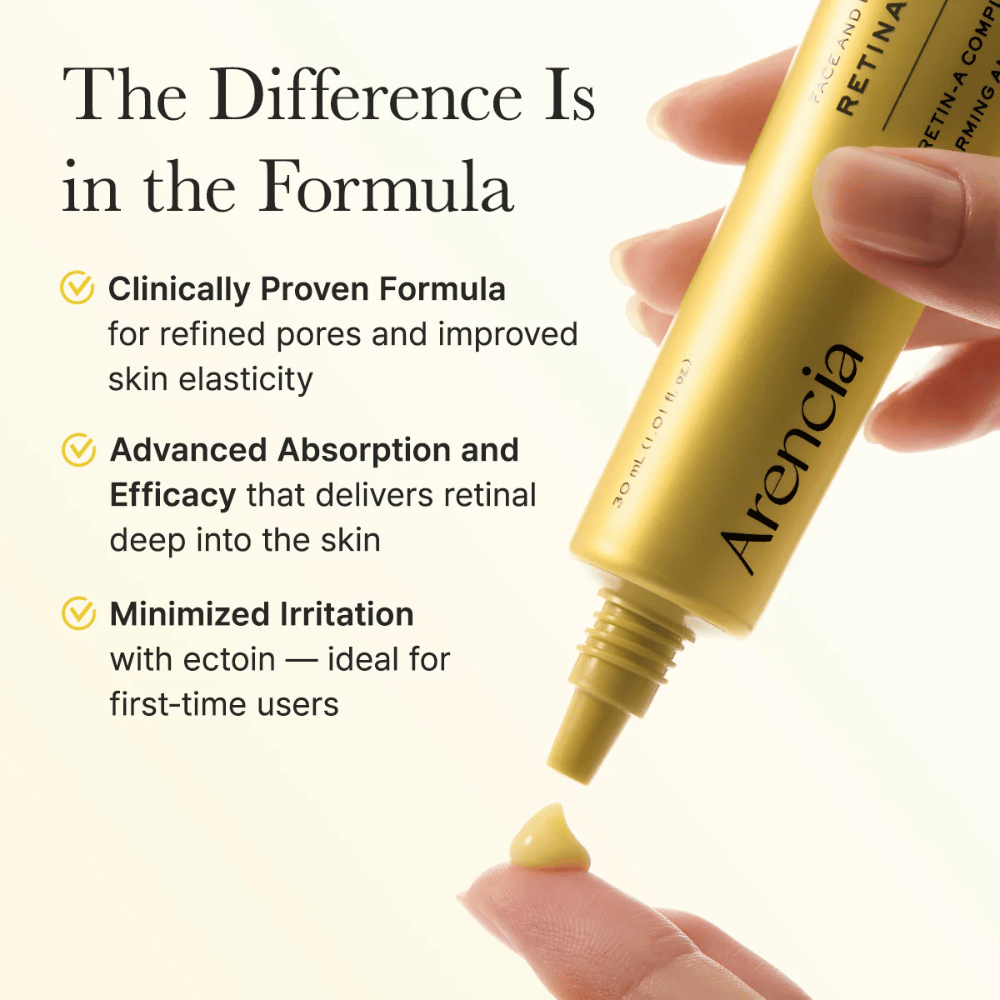 Close-up de Arencia Retinal Booster Shot mostrando a fórmula e benefícios como efeito clinicamente comprovado, absorção melhorada e irritação minimizada.