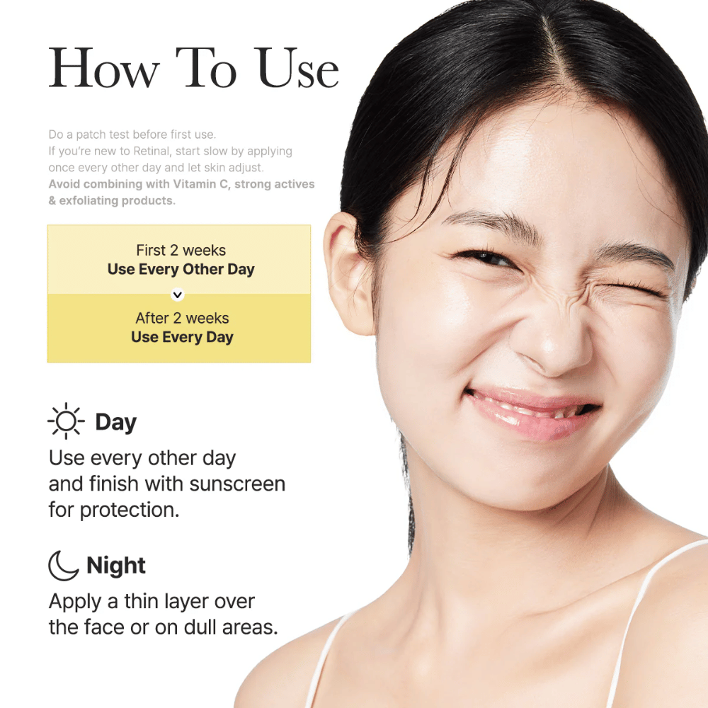 Imagem de instrução para Arencia Retinal Booster Shot com uso recomendado em dias alternados nas primeiras duas semanas e depois diariamente, rotina de dia e noite para retinal.