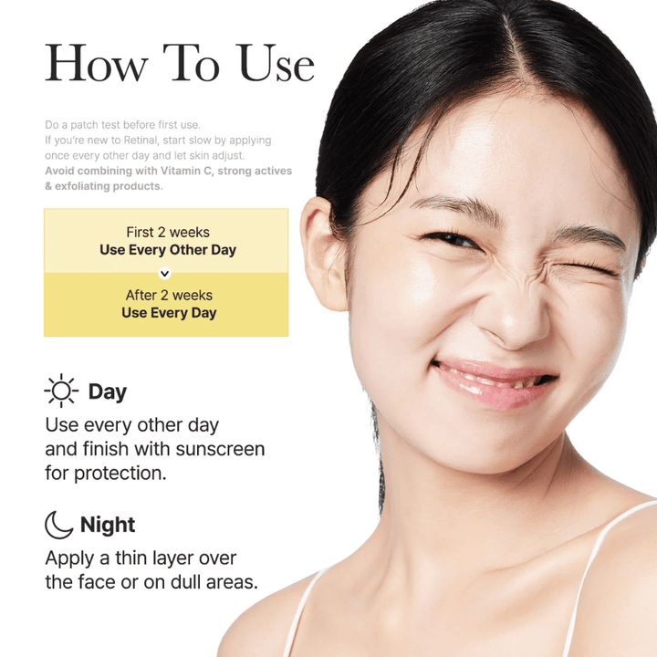 Imagem de instrução para Arencia Retinal Booster Shot com uso recomendado em dias alternados nas primeiras duas semanas e depois diariamente, rotina de dia e noite para retinal.