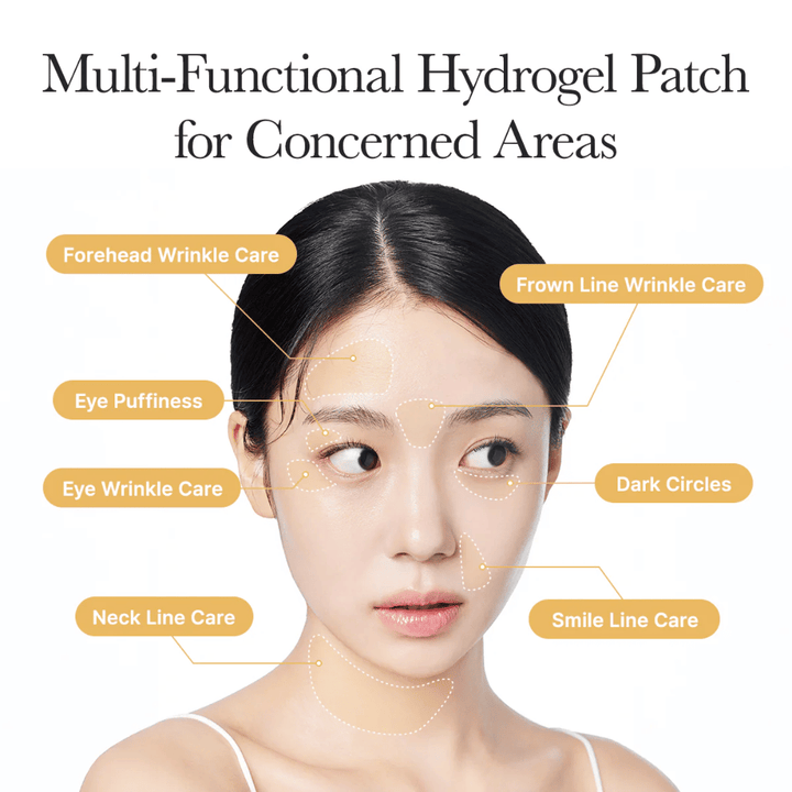 Imagem informativa que mostra como os patches de hidrogel podem ser usados em várias áreas do rosto, por exemplo debaixo dos olhos, na testa, entre as sobrancelhas, à volta da boca e no pescoço, para ajudar a combater linhas finas, olheiras e inchaço.
