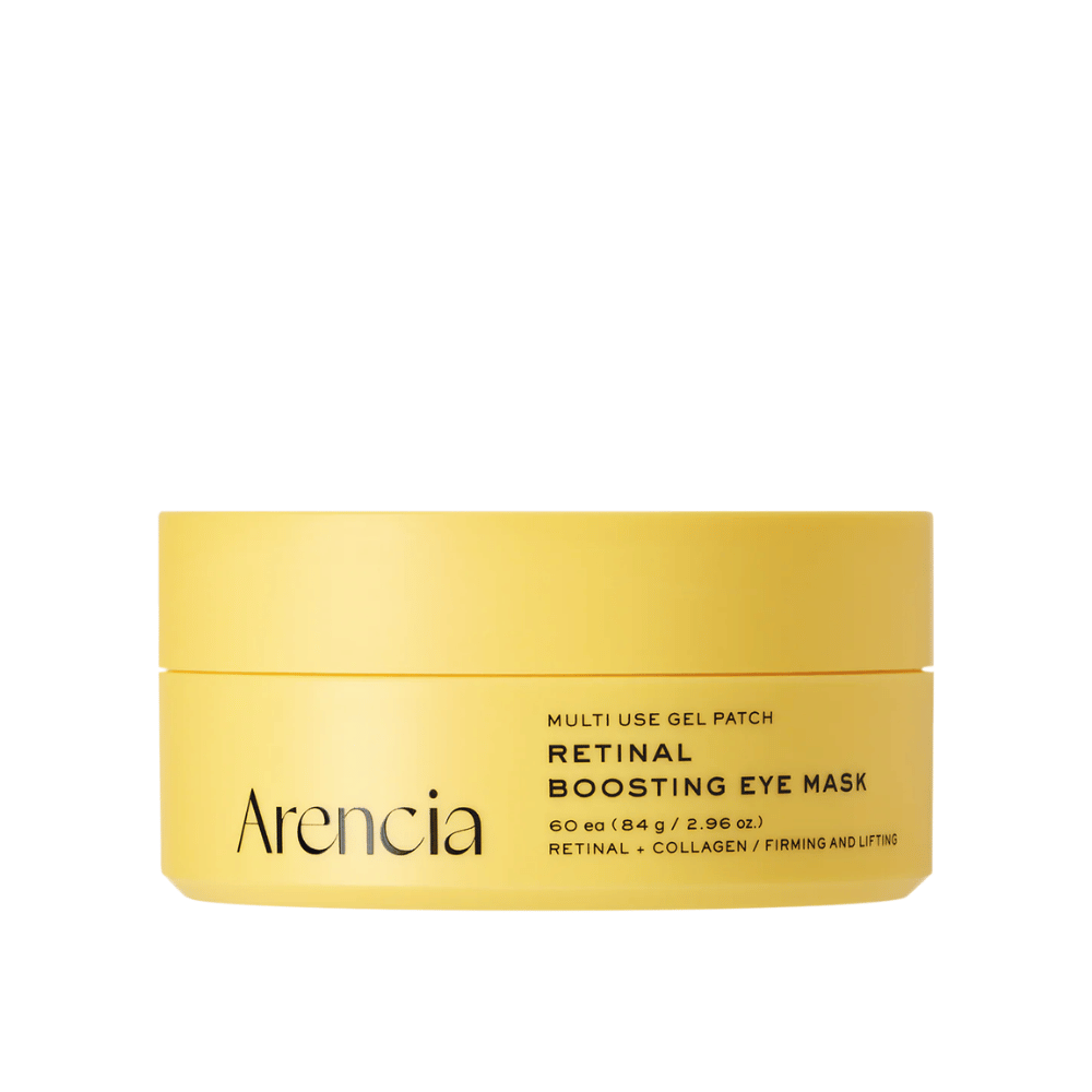 Imagem de produto limpa de Arencia Retinal Boosting Eye Mask em embalagem amarela com design minimalista e foco no cuidado do contorno dos olhos para firmar e hidratar.