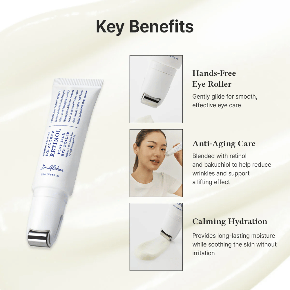 Dr. Althea Retinol Flat Iron Eye Roller com roller de metal para efeito refrescante, propriedades antienvelhecimento e hidratação duradoura sem irritação.
