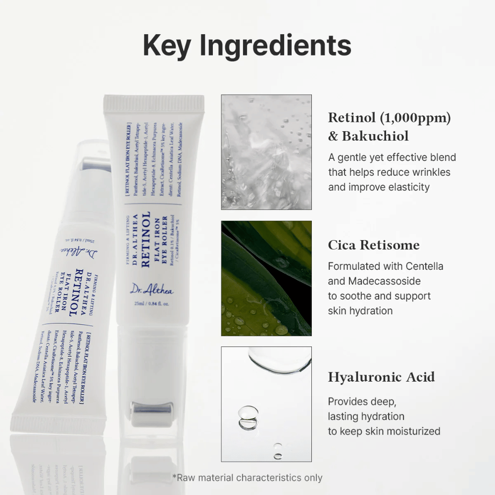 Dr. Althea Retinol Flat Iron Eye Roller com retinol, bakuchiol, cica e ácido hialurônico que hidrata, acalma e reduz rugas.