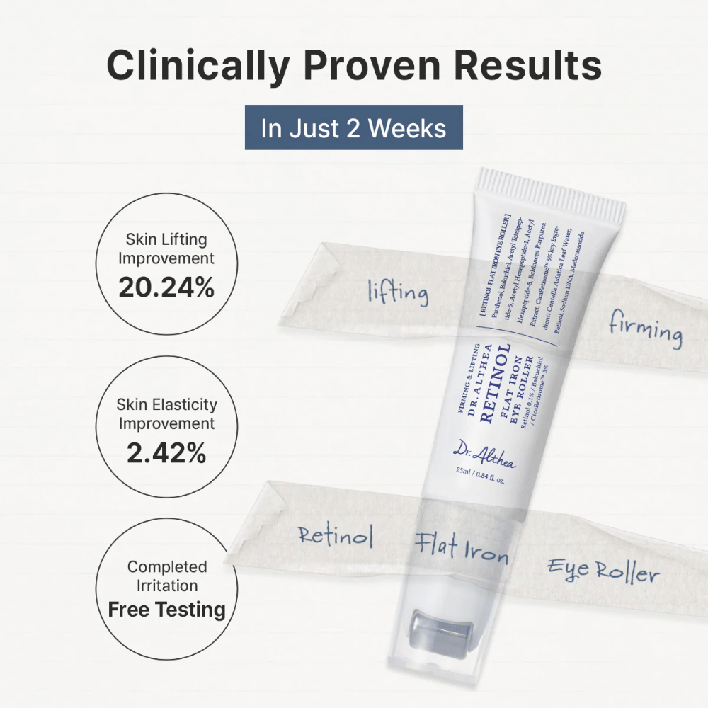 Dr. Althea Retinol Flat Iron Eye Roller com resultados clinicamente comprovados que melhoram a elasticidade da pele e proporcionam uma pele visivelmente mais firme ao redor dos olhos.