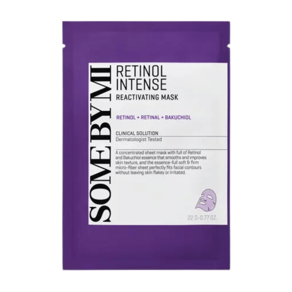 A imagem mostra uma embalagem de "Retinol Intense Reactivating Mask", um produto de cuidados com a pele que contém retinol, retinal e bakuchiol. A máscara é dermatologicamente testada.
