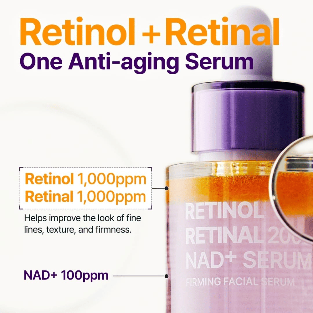 PURITO SEOUL Retinol Retinal 2000 NAD+ Serum com 1000 ppm de retinol, 1000 ppm de retinal e 100 ppm de NAD+ para linhas finas, textura e firmeza.