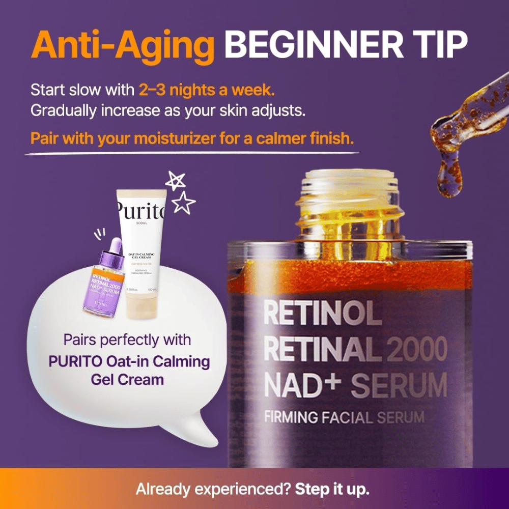 PURITO SEOUL Retinol Retinal 2000 NAD+ Serum – comece por usar o sérum 2–3 noites por semana e combine, de preferência, com um creme hidratante.
