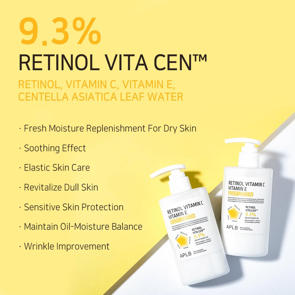 Duas garrafas sobre um fundo amarelo juntamente com texto que destaca os principais benefícios: hidratação, efeito calmante, elasticidade melhorada, proteção para pele sensível e efeito anti-idade.