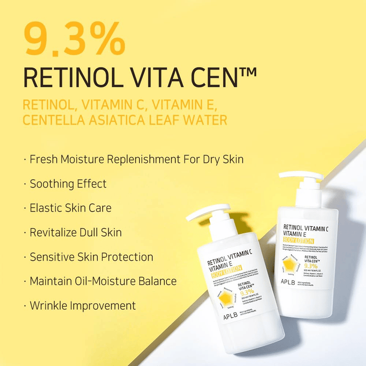 Duas garrafas sobre um fundo amarelo juntamente com texto que destaca os principais benefícios: hidratação, efeito calmante, elasticidade melhorada, proteção para pele sensível e efeito anti-idade.