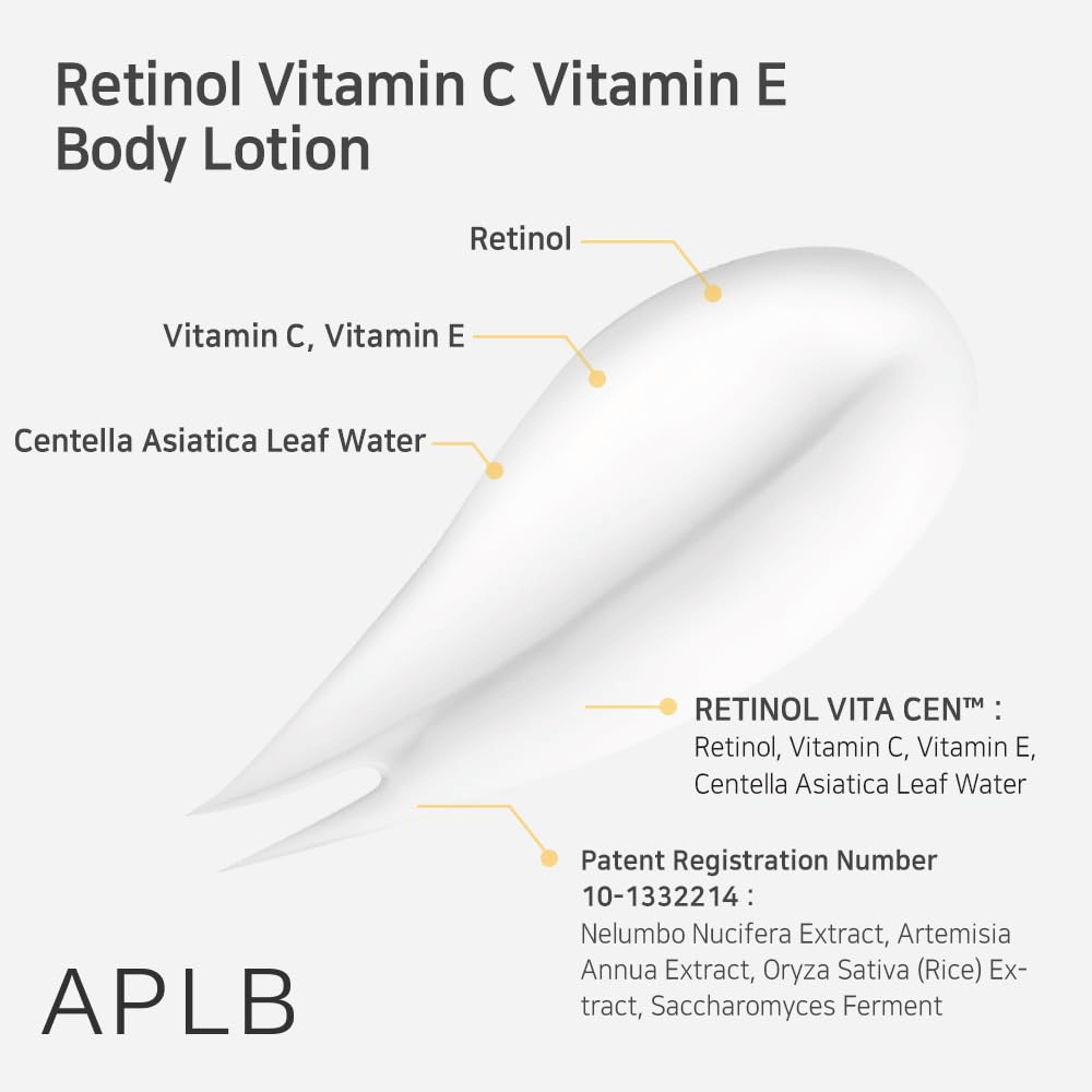 Uma porção de creme em grande plano com setas a indicar os ingredientes-chave: retinol, vitamina C, vitamina E e centella asiatica. Inclui também texto sobre a formulação e os extratos do produto.
