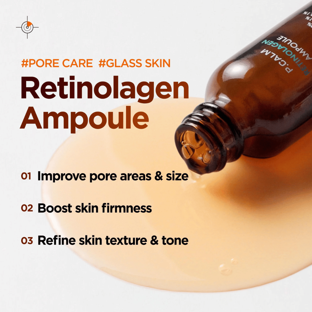 Imagem de marketing para P.CALM Retinolagen Ampoule com sérum a escorrer do frasco sobre uma textura dourada de sérum. A imagem destaca benefícios como melhoria do tamanho dos poros, aumento da firmeza da pele e um tom de pele mais uniforme.