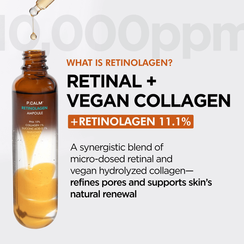 Imagem do produto P.CALM Retinolagen Ampoule juntamente com informação sobre “Retinolagen”, uma combinação de retinal e colagénio vegano. A imagem enfatiza a renovação da pele, a melhoria da textura da pele e o refinamento dos poros.