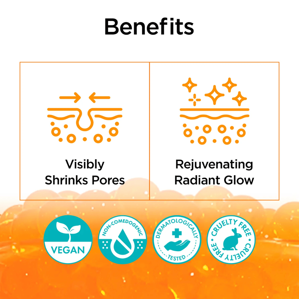 Imagem informativa que destaca os benefícios de P.CALM Retinolagen Ampoule. O foco está em reduzir visivelmente os poros e dar à pele um brilho mais revitalizado. Os ícones mostram também que o produto é vegano, não comedogénico, dermatologicamente testado e cruelty-free.
